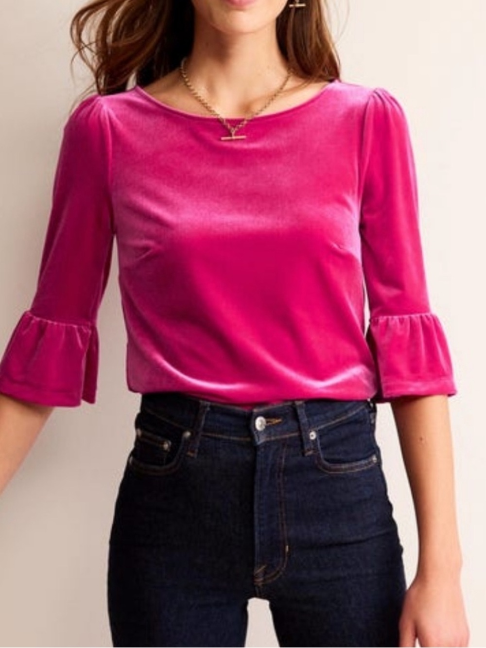 Boden Velvet Ruffle Cuff Top in Vibrant Pink size 8